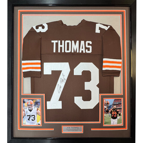 Framed Autographed/Signed Joe Thomas 35x39 Cleveland Brown Jersey JSA COA