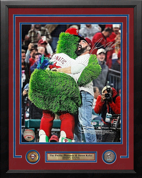 Jason Kelce Hugs Phillie Phanatic NLCS Autographed Signed 11x14 Framed Photo PSA