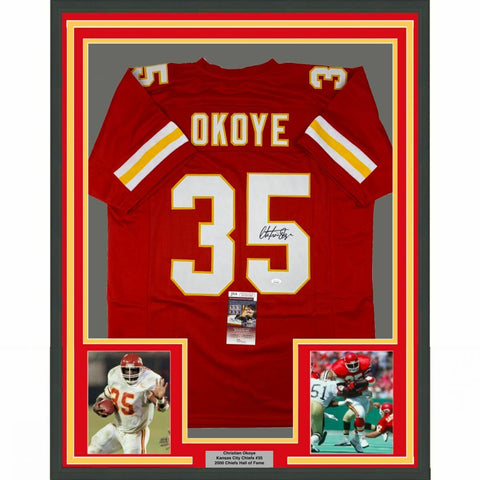 FRAMED Autographed/Signed CHRISTIAN OKOYE 33x42 Kansas City Red Jersey JSA COA