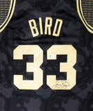 CELTICS LARRY BIRD AUTOGRAPHED BLACK M&N GOLD TOILE JERSEY L BECKETT 177715