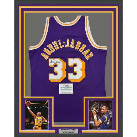 Framed Autographed/Signed Kareem Abdul-Jabbar 35x39 M&N Jersey Fanatics COA