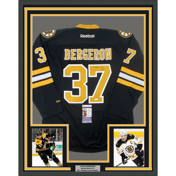 FRAMED Signed PATRIC BERGERON 33x42 Boston Bruins Jersey JSA COA