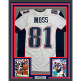 Framed Autographed/Signed Randy Moss 35x39 New England White Jersey Beckett COA