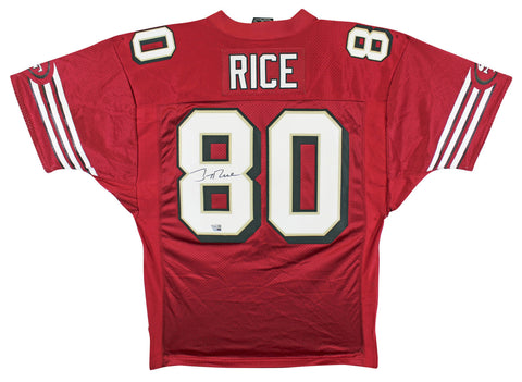 49ers Jerry Rice Signed Red Adidas TB Jersey w/ Dropshadow Fanatics #DQ16477951