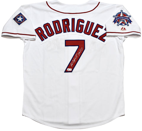 IVAN PUDGE RODRIGUEZ SIGNED TEXAS RANGERS 1995 MAJESTIC #7 JERSEY W/ HOF 17