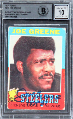 Steelers Joe Greene "HOF 87" Signed 1971 Topps #245 Rookie Card Auto 10 BAS Slab