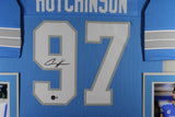 AIDEN HUTCHINSON (Lions new blue SKYLINE) Signed Autograph Framed Jersey Beckett