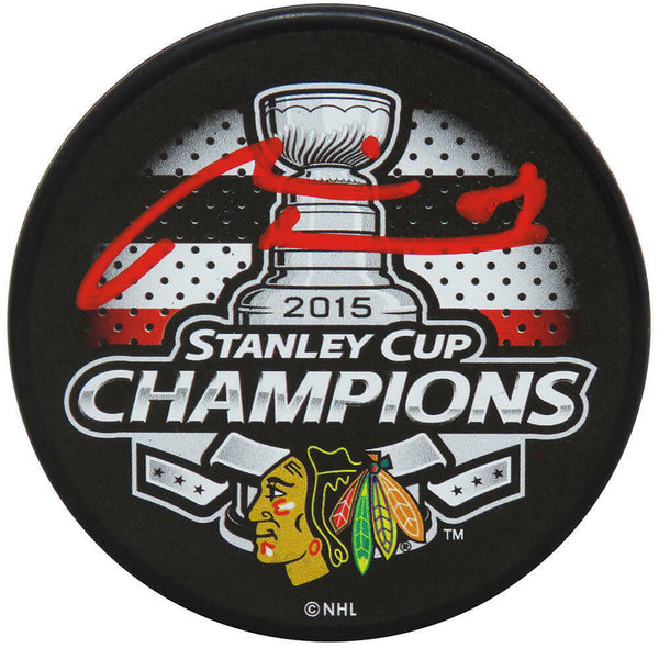 Marian Hossa Signed Blackhawks 2015 SC Champs Logo Hockey Puck (Red Ink)(SS COA)