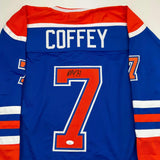 Autographed/Signed Paul Coffey Edmonton Blue Hockey Jersey JSA COA