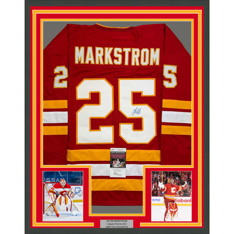 Framed Autographed/Signed Jacob Markstrom 35x39 Calgary Red Jersey JSA COA