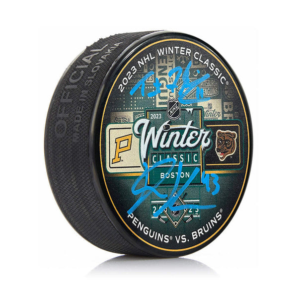 Trent Frederic Danton Heinen Autographed Bruins Winter Classic Puck JSA PSA