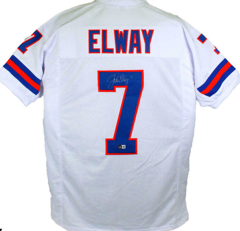 John Elway Autographed White Pro Style TB Jersey- Beckett W Holo *Silver