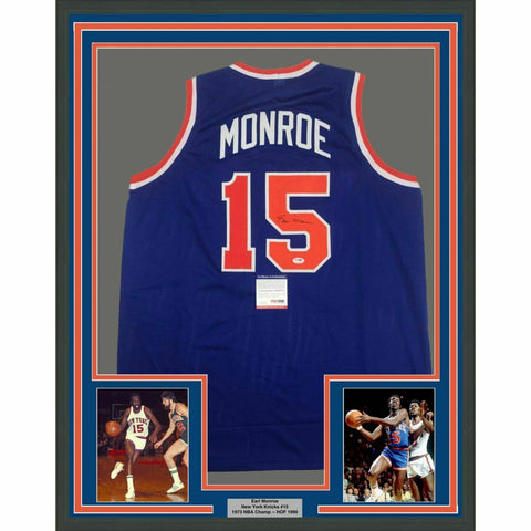 FRAMED Autographed/Signed EARL MONROE 33x42 New York Blue Jersey PSA/DNA COA