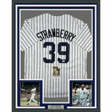 FRAMED Autographed/Signed DARRYL STRAWBERRY 33x42 NY Pinstripe Jersey JSA COA