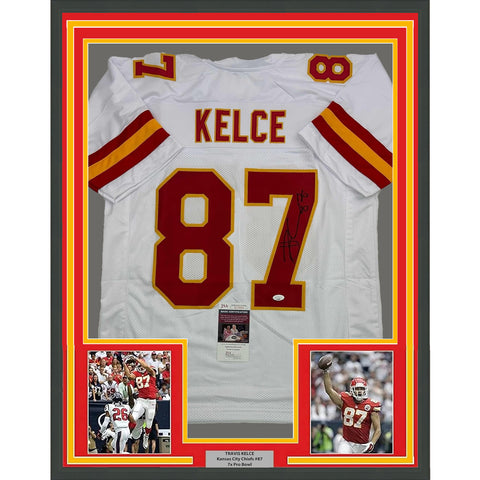 Framed Autographed/Signed Travis Kelce 35x39 Kansas City KC White Jersey JSA COA