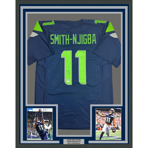 Framed Autographed/Signed Jaxon Smith-Njigba 35x39 Seattle Blue Jersey BAS COA