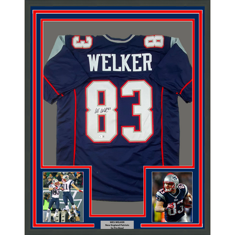 Framed Autographed/Signed Wes Welker 33x42 New England Blue Jersey Beckett COA