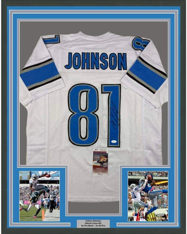 Framed Autographed/Signed Calvin Johnson 35x39 Detroit White Jersey JSA COA