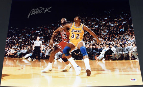 MAGIC JOHNSON SIGNED LOS ANGELES LAKERS VS MICHAEL JORDAN 16x20 PHOTO PSA