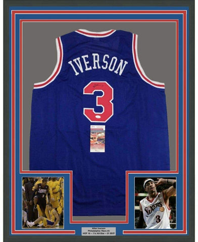 Framed Autographed/Signed Allen Iverson 35x39 Philadelphia Blue Jersey JSA COA