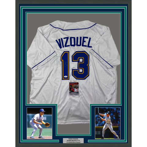 Framed Autographed/Signed Omar Vizquel 33x42 Seattle White Jersey JSA COA