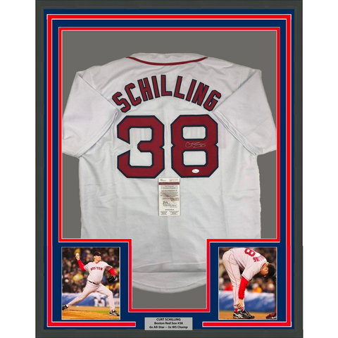 Framed Autographed/Signed Curt Schilling 33x42 Boston White Jersey JSA COA Auto