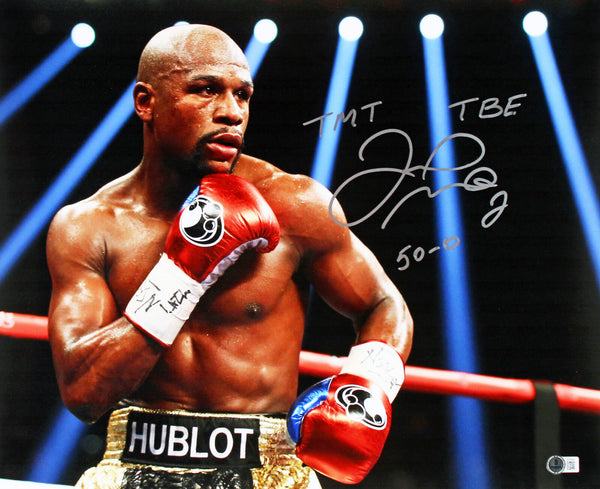 Floyd Mayweather "50-0 TBE TMT" Signed 16x20 Horizontal Photo w/ Red Gloves BAS