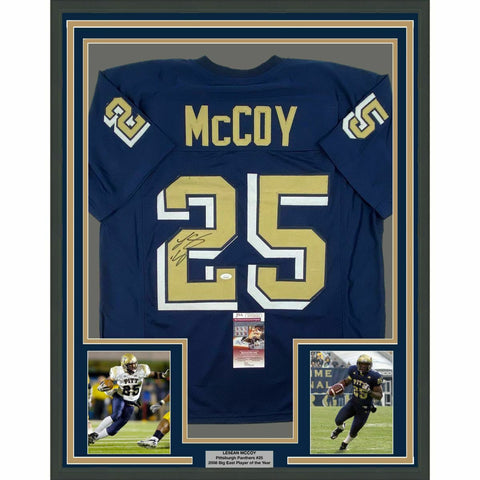 FRAMED Autographed/Signed LESEAN MCCOY 33x42 Pittsburgh Pitt Blue Jersey JSA COA