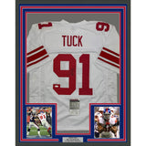 Framed Autographed/Signed Justin Tuck 35x39 New York White Jersey JSA COA