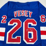 Autographed/Signed Jimmy Vesey New York Blue Hockey Jersey JSA COA