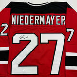 Autographed/Signed Scott Niedermayer "HOF 2013" New Jersey Red Jersey JSA COA