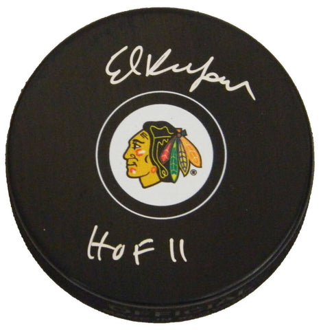 ED BELFOUR Signed Chicago Blackhawks Logo Hockey Puck w/HOF 11 - SCHWARTZ