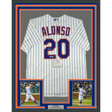 FRAMED Autographed/Signed PETE ALONSO 33x42 Mets Pinstripe Jersey Fanatics COA