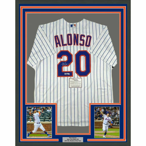 FRAMED Autographed/Signed PETE ALONSO 33x42 Mets Pinstripe Jersey Fanatics COA