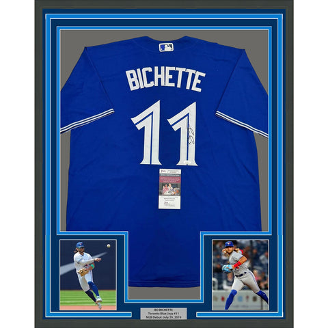 Framed Autographed/Signed Bo Bichette 35x39 Toronto Blue Baseball Jersey JSA COA