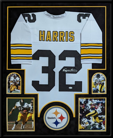 FRAMED IN SUEDE PITTSBURGH STEELERS FRANCO HARRIS AUTOGRAPHED JERSEY JSA COA