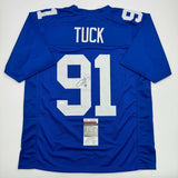 Autographed/Signed Justin Tuck New York Blue Football Jersey JSA COA