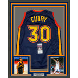 Framed Autographed/Signed Stephen Steph Curry 35x39 Navy Retro Jersey JSA COA