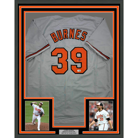 Framed Autographed/Signed Corbin Burnes 35x39 Baltimore Grey Jersey Beckett COA