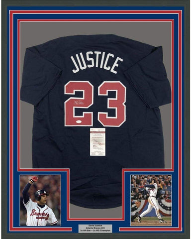 Framed Autographed/Signed David Justice 35x39 Atlanta Blue Jersey JSA COA