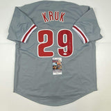 Autographed/Signed JOHN KRUK Philadelphia Grey Baseball Jersey JSA COA Auto