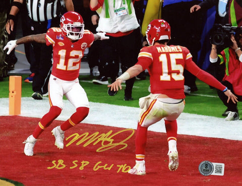 MECOLE HARDMAN SIGNED CHIEFS MAHOMES SUPER BOWL LVIII 8x10 PHOTO W/ SB GW TD