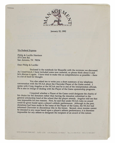 Shaquille O'Neal Authentic 1988 Agency Recruitment Presentation Binder Letter