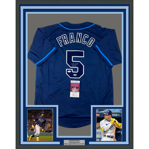 Framed Autographed/Signed Wander Franco 33x42 Tampa Bay Dark Blue Jersey JSA COA