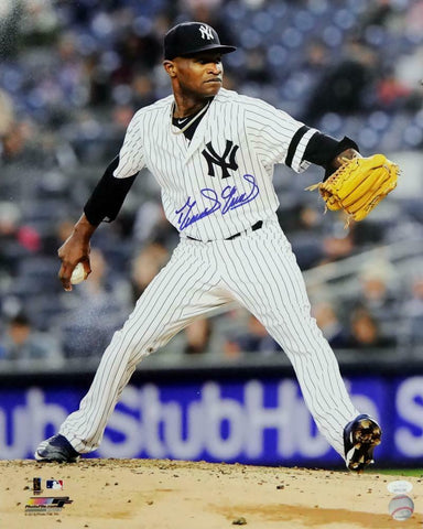 Domingo German Autographed Yankees 16x20 Pitching PF Photo - JSA W Auth *Blue