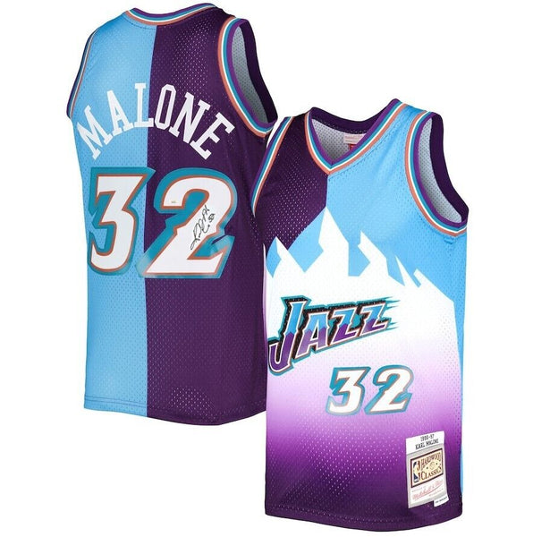 Karl Malone Jazz Autographed Split Mitchell & Ness Basketball Jersey JSA COA