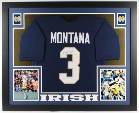 Joe Montana Signed Notre Dame Fighting Irish 35x43 Custom Framed Jersey Display