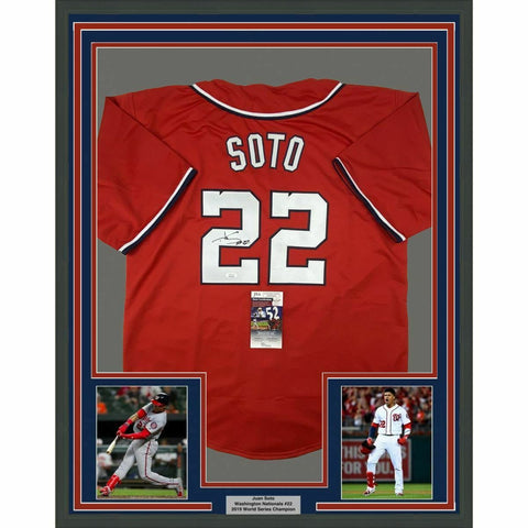 FRAMED Autographed/Signed JUAN SOTO 33x42 Washington Red Baseball Jersey JSA COA