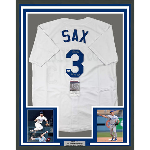 Framed Autographed/Signed Steve Sax 33x42 Los Angeles LA White Jersey JSA COA