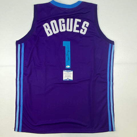 Autographed/Signed Muggsy Bogues Charlotte Purple Modern Jersey Beckett BAS COA